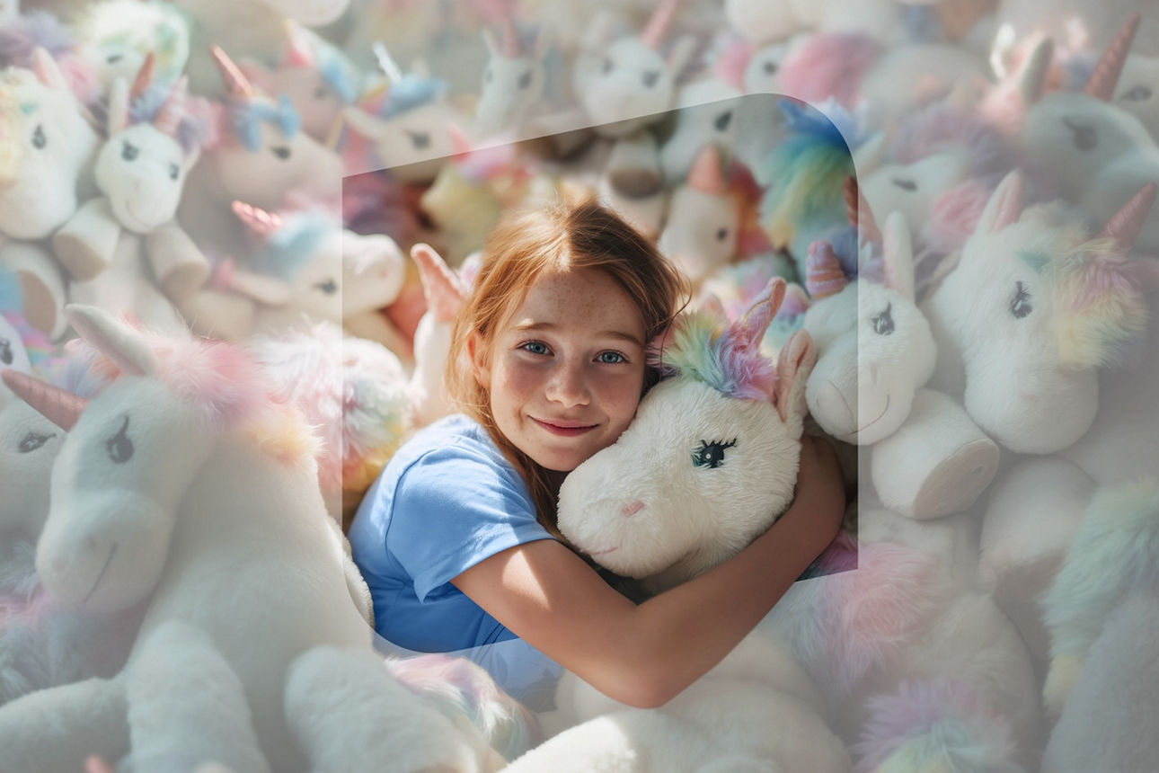 Junges Mädchen liegt inmitten vieler Plüscheinhörner