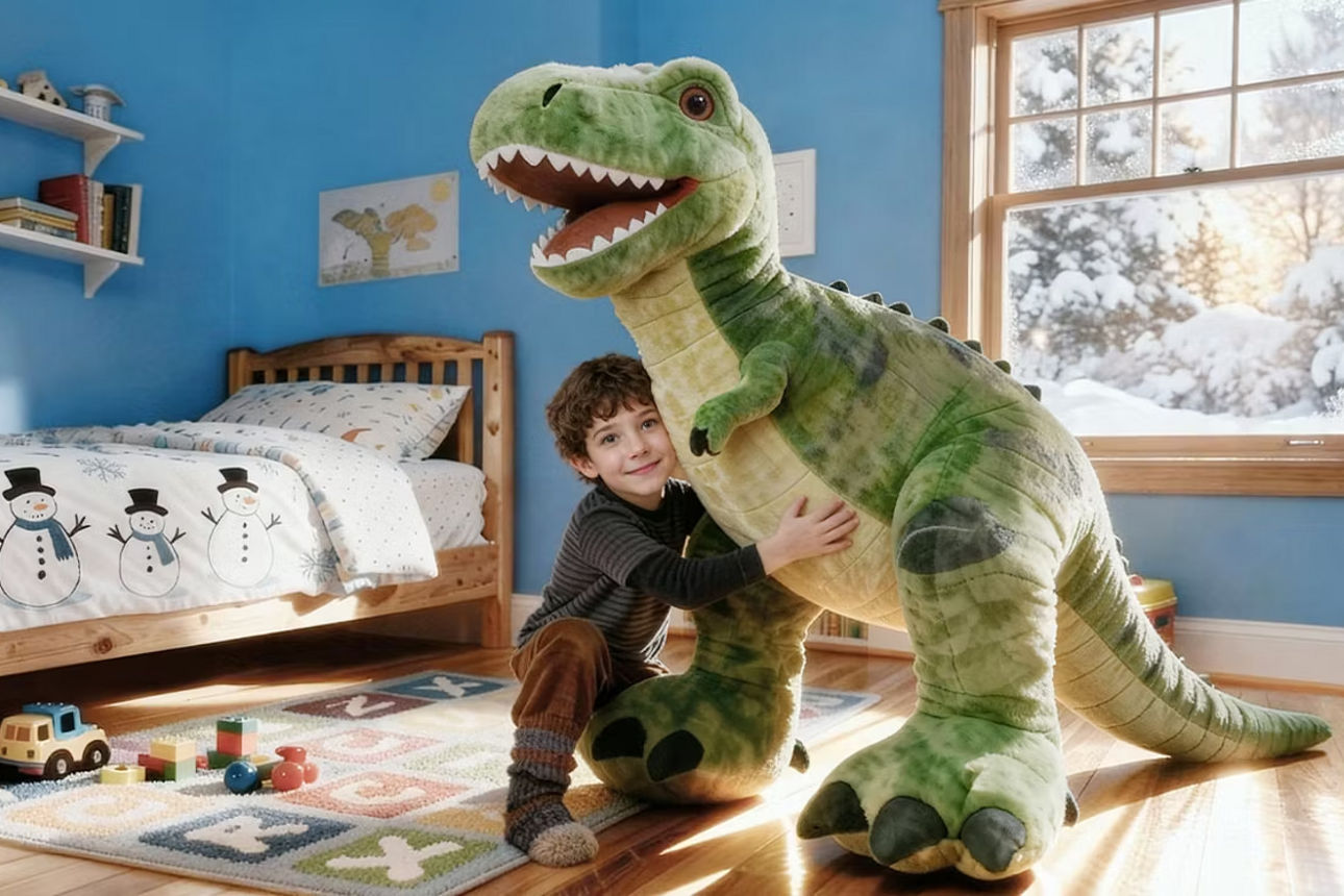 Kind in Kinderzimmer mit lebensgroßem Dinosaurier Kuscheltier