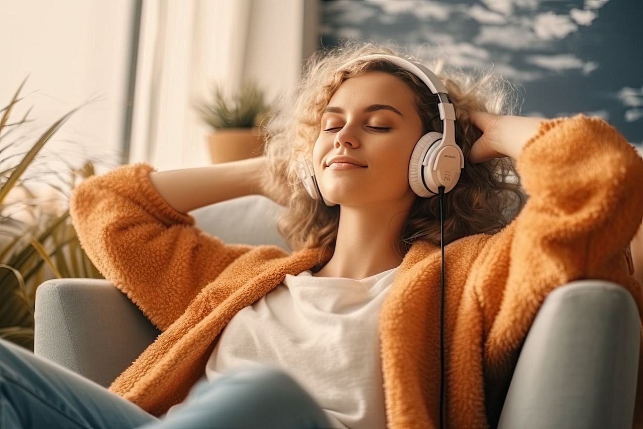 Mädchen mit Kopfhörern sitzt auf einem Sessel und hört Musik