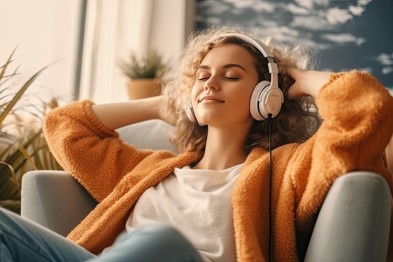 Mädchen mit Kopfhörern sitzt auf einem Sessel und hört Musik