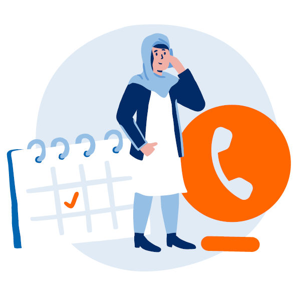 Eine Frau steht telefonierend da. Im Hintergrund sieht man ein Kalendersymbol und im Vordergrund ein Telefonsymbol