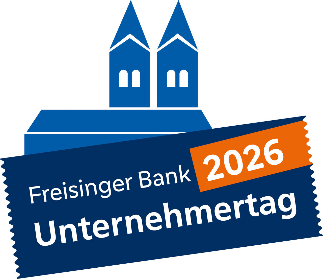 Grafik einer Kirche im Hintergrund mit zwei Türmen in Mittelblau; davor ein Banner in Dunkelblau mit dem Taxt Freisinger Bank Unternehmertag 2026