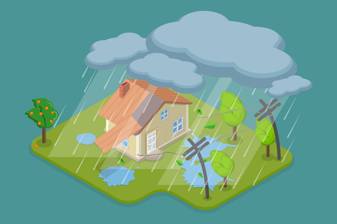 Grafik eines Hauses mit Garten im Unwetter