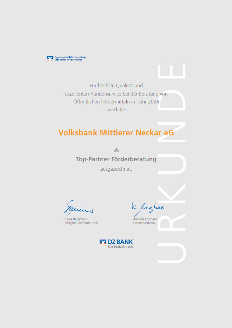 Urkunde Auszeichnung im Fördermittelgeschäft 2024