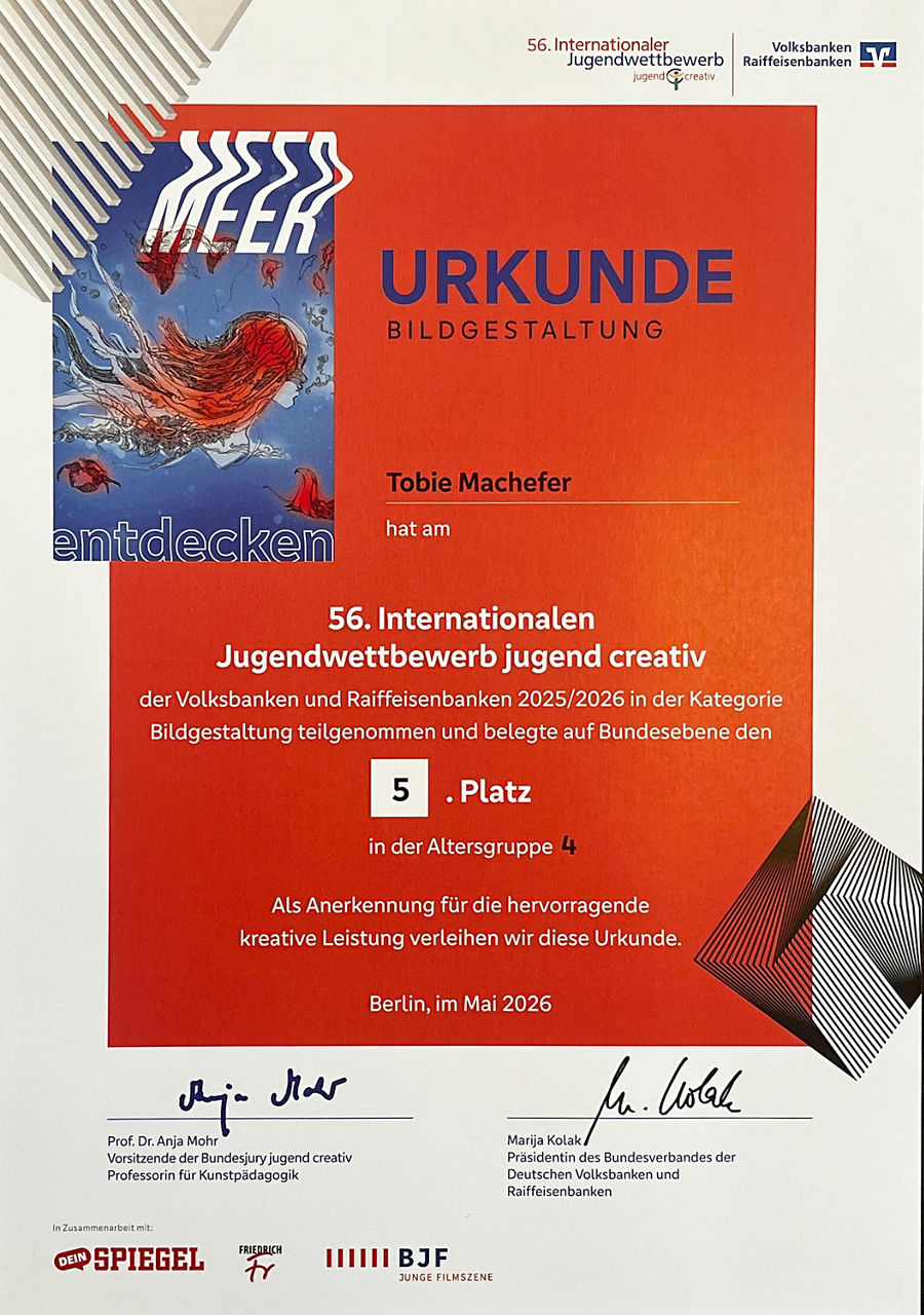 Urkunde 5. Platz Bundesebene  Jugend Creativ Tobie Machefer