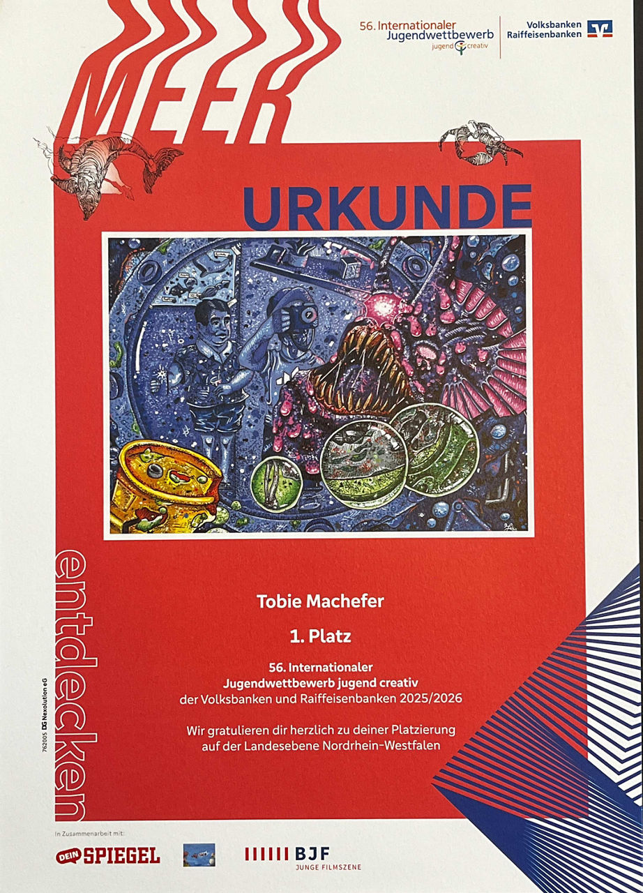 Urkunde 1. Platz Landesebene Jugend Creativ Tobie Machefer