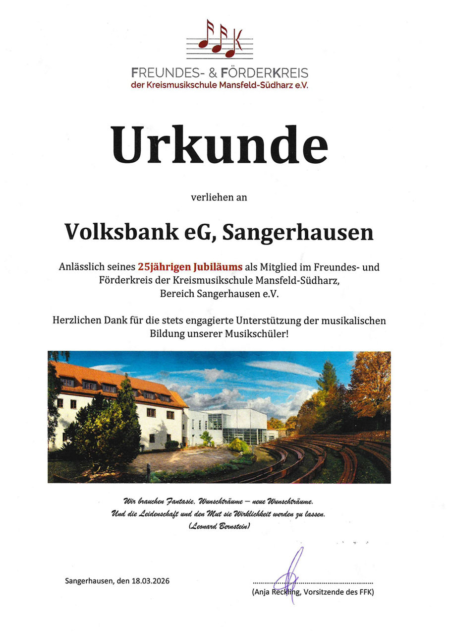 Urkunde der FFK-Musikschule Mansfeld-Südharz