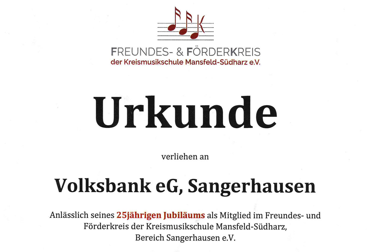 Urkunde der FFK-Musikschule Mansfeld-Südharz