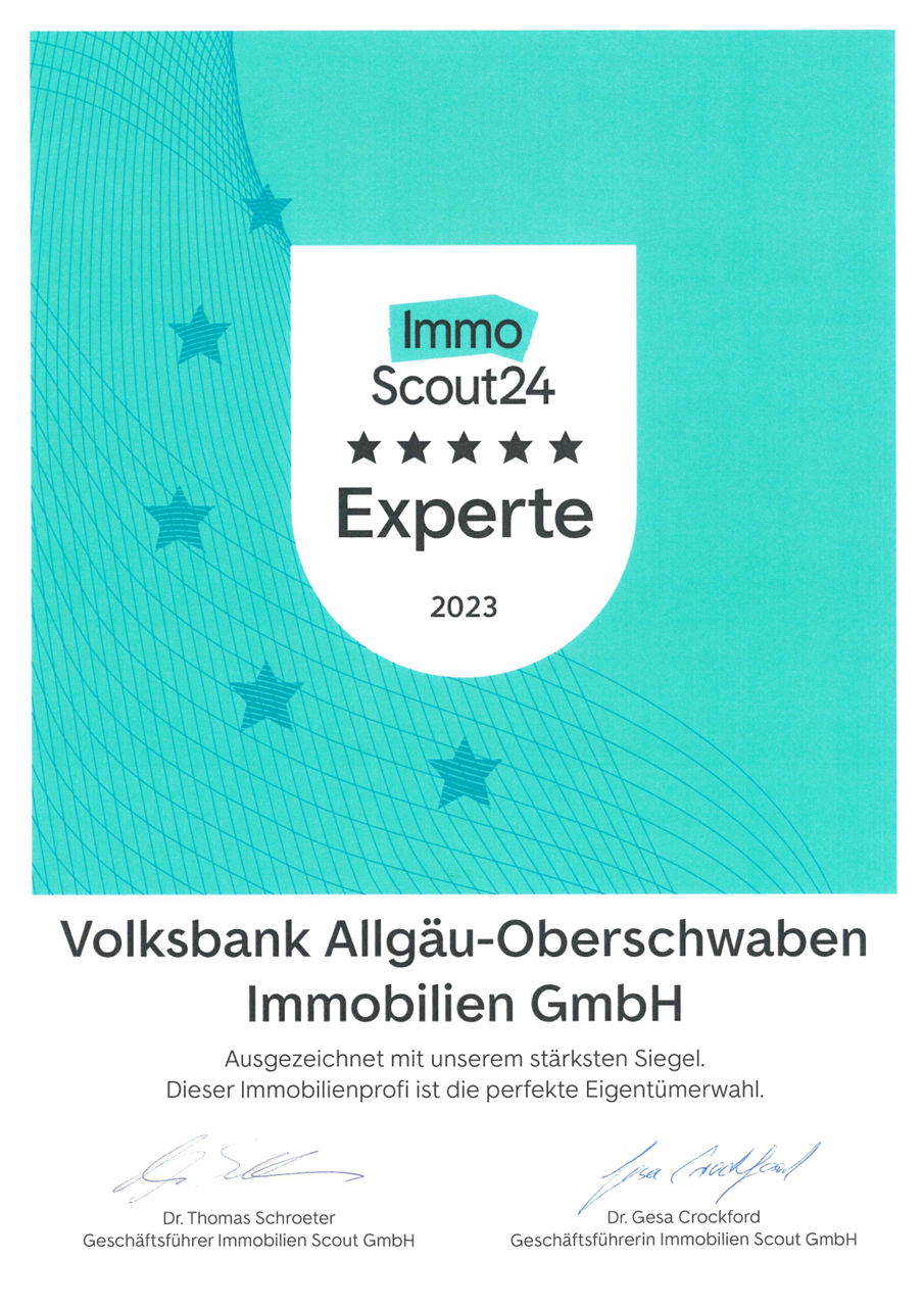 Die Volksbank Allgäu-Oberschwaben Immobilien GmbHwurde als Experte ausgezeichnet. Die Auszeichnung ist auf einem grünen Hintergrund.