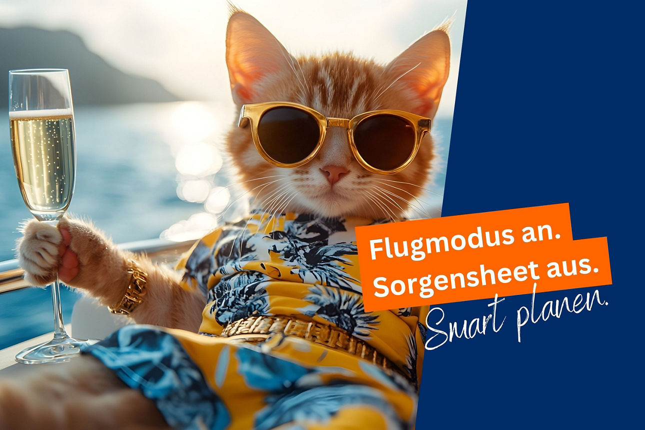 Katze mit Champagnerglas auf Reise nach Urlaubscheck
