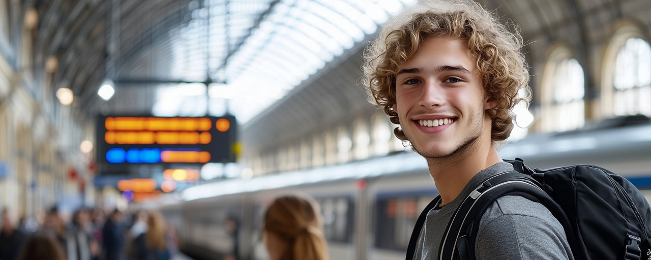 Junger Mann steht am Bahnhof und lacht 