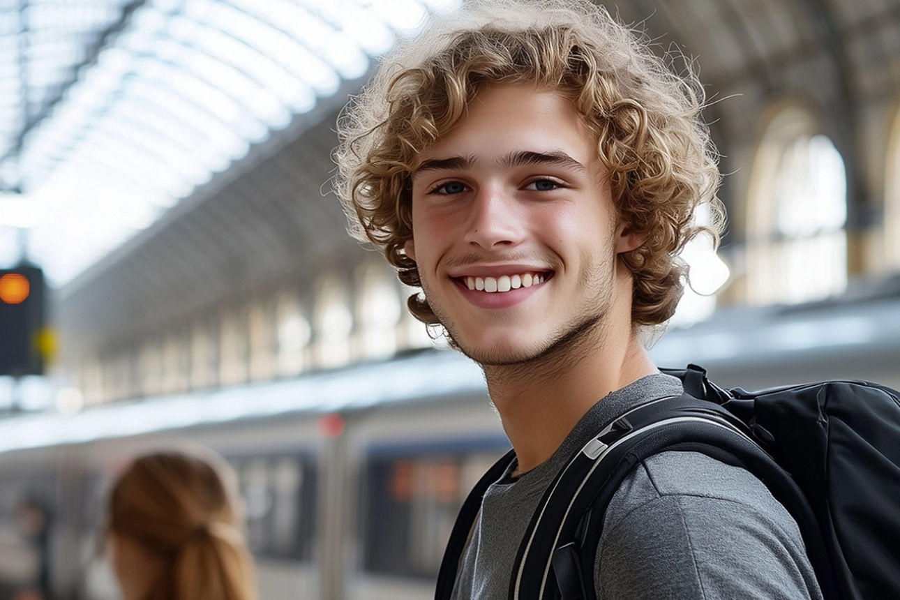 Junger Mann steht am Bahnhof und lacht 