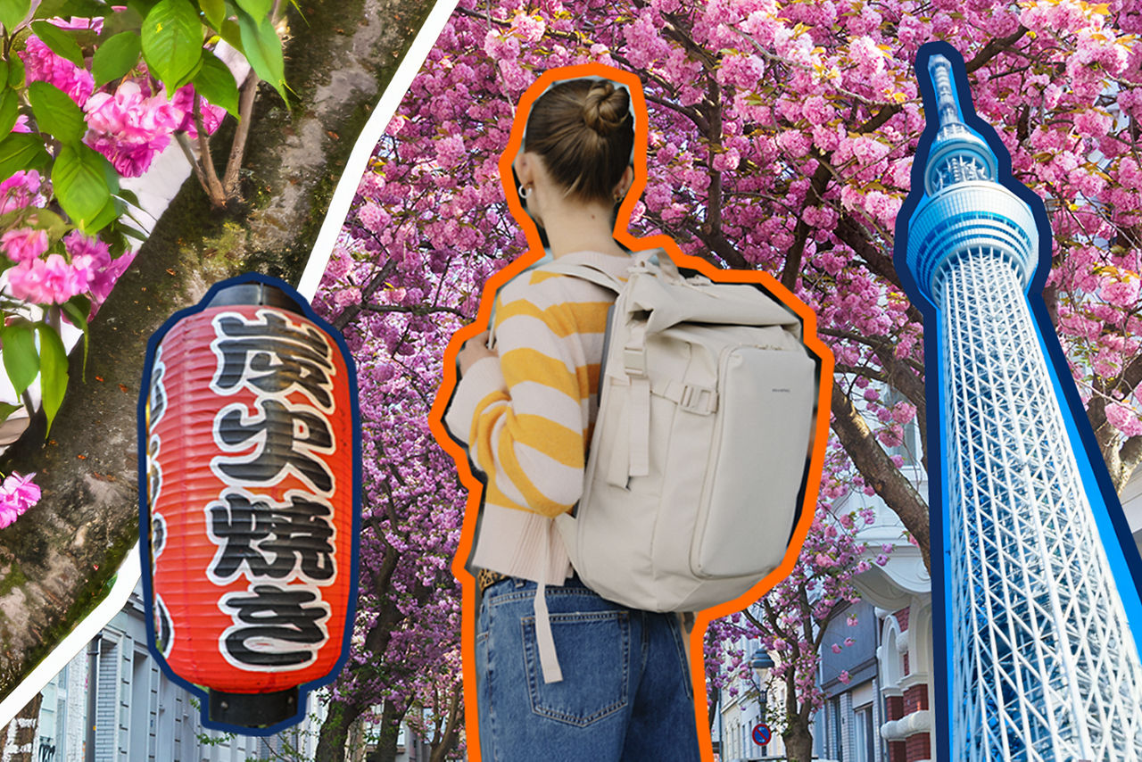 Illustration junge Frau mit Rucksack und Kirschblüten