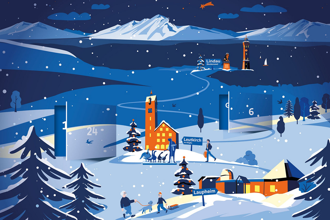 winterliche Vektor-Landschaft von Allgäu und Oberschwaben