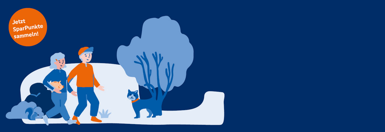 Banner VBAO PunkteSparen in dunkelblau. Illustration: Eine Frau und ein Mann laufen durch einen Park, es ist eine Katze und ein Baum zu sehen. Im orangenen Kreis links oben steht "Jetzt SparPunkte sammeln!"