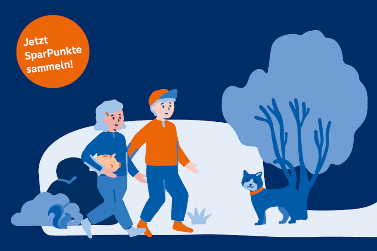 Banner VBAO PunkteSparen in dunkelblau. Illustration: Eine Frau und ein Mann laufen durch einen Park, es ist eine Katze und ein Baum zu sehen. Im orangenen Kreis links oben steht "Jetzt SparPunkte sammeln!"