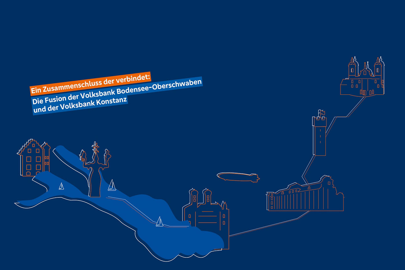 Keyvisual der Volksbank Bodensee Oberschwaben: blauer HIntergrund, Bodensee und Wahrzeichen der Staedte im Geschäftsgebiet
