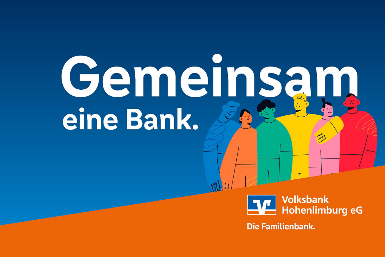 Abbild 6 bunte Männchen und der Schriftzug Gemeinsam eine Bank.