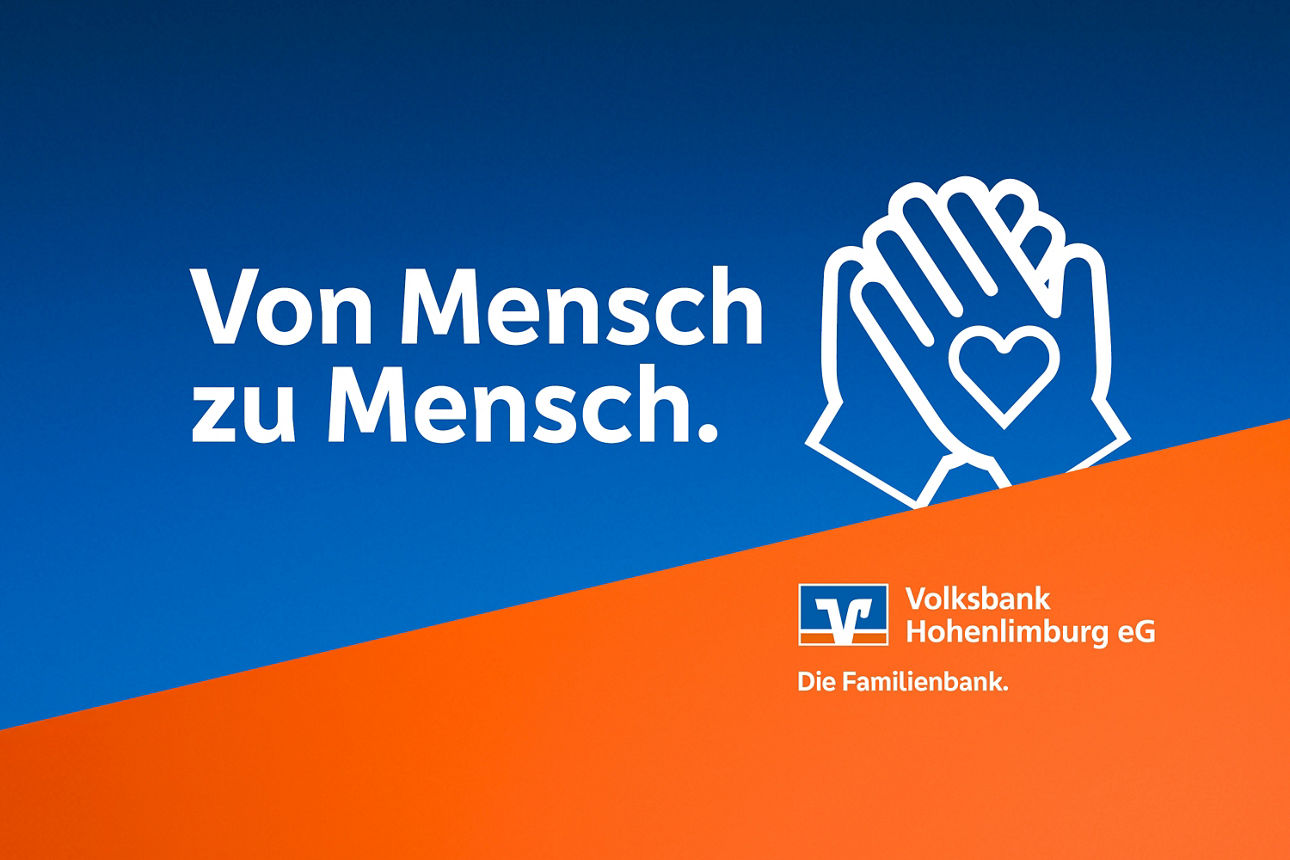 Blau und orangener Hintergrund mit dem Text "Von Mensch zu Mensch." und dem Volksbank Logo. 