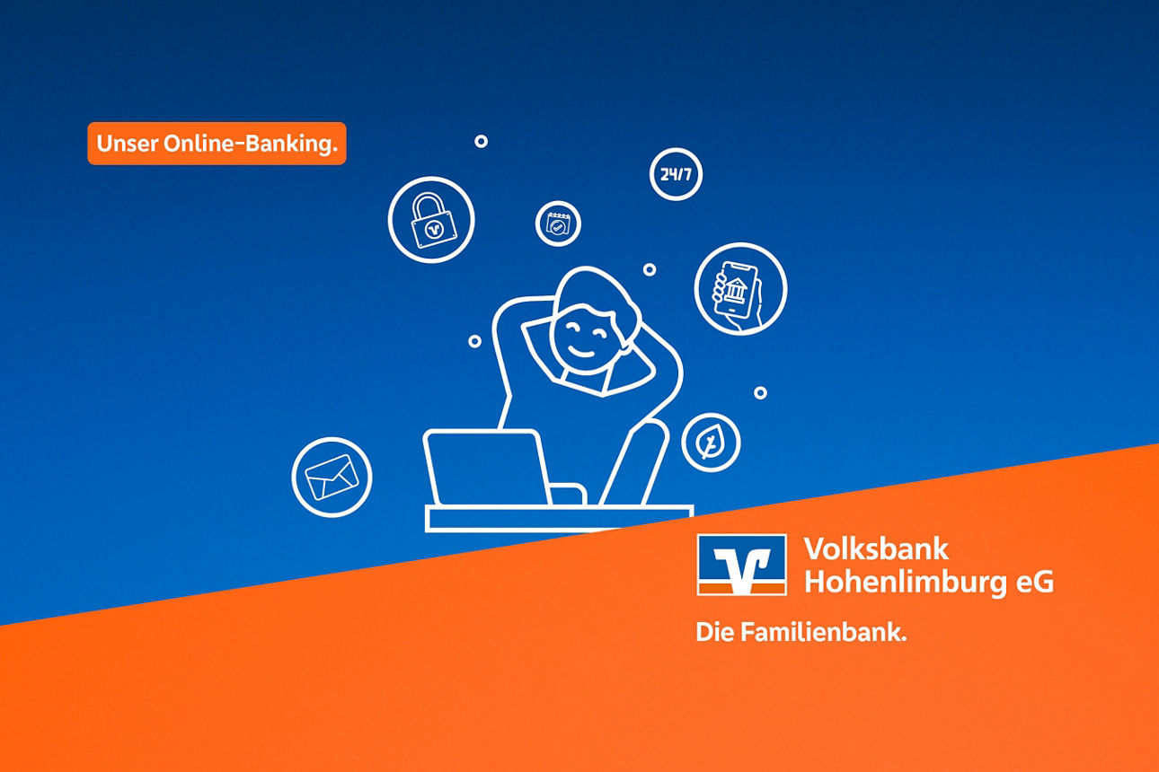  Illustration einer Person, die an einem Laptop sitzt und sich entspannt. Darüber Piktogramme mit Vorteilen von OnlineBanking