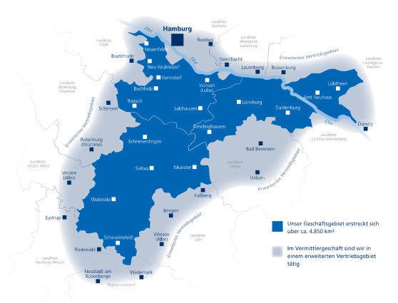 Karte des Vertriebsgebiets der Vermittlerbetreuung (erweitertes Geschäftsgebiet der VBLH)