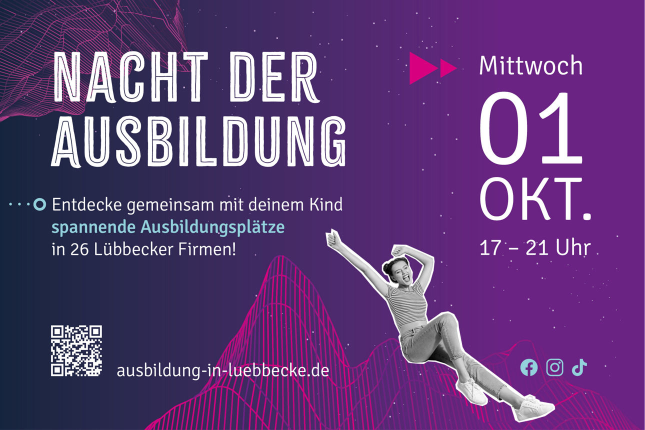 Grafik auf lila Hintergrund, die die wichtigsten Infos zur 2. Nacht der Ausbildung in Lübbecke enthält