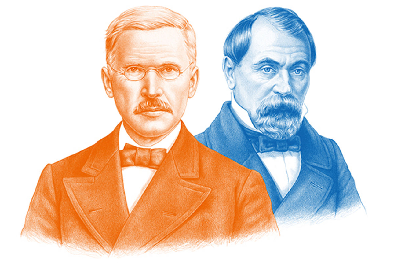 Friedrich Wilhelm Raiffeisen und Hermann Schulze-Delitzsch als historische Porträts in Orange und Blau