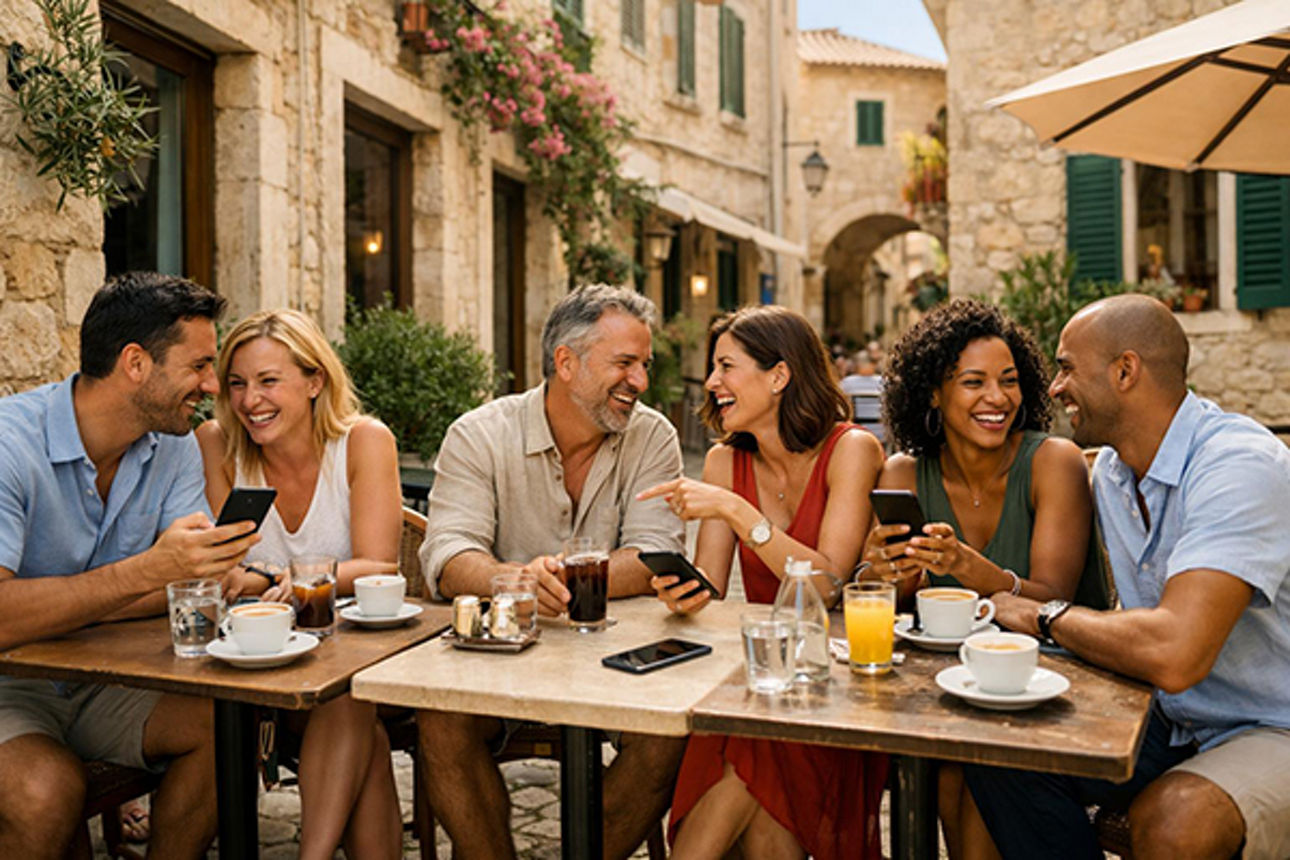 Drei gut gelaunte Paare sitzen vor einem mediterranen Straßencafe und trinken etwas 