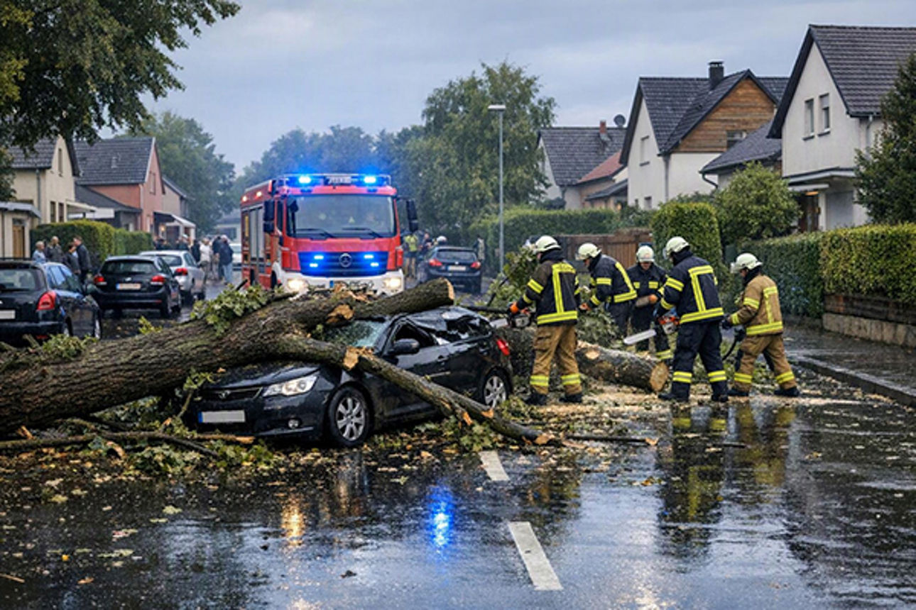 Feuerwehrleute beseitigen in einem Wohngebiet einen nach einem Sturm auf ein Auto gestürzten Baum