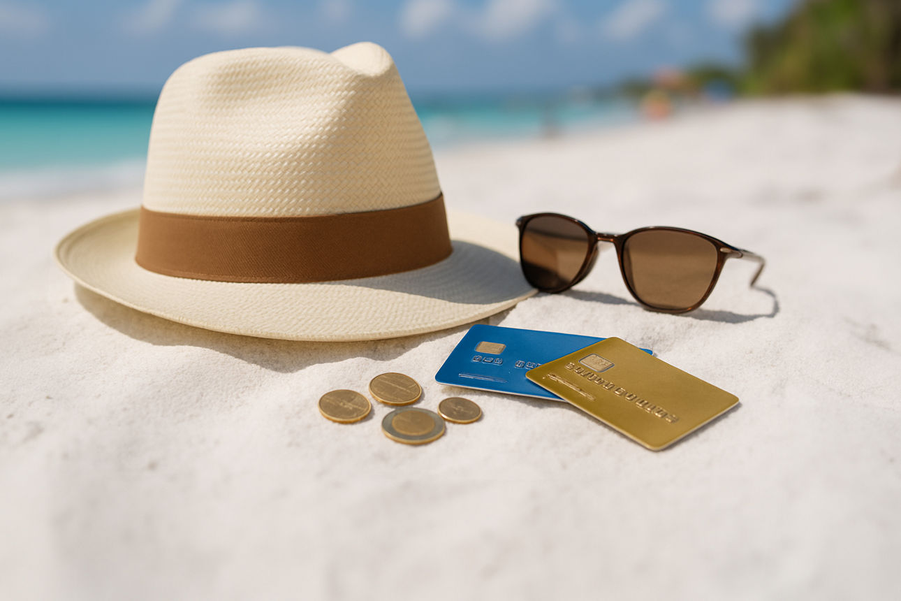Karten, Bargeld und Urlaubsutensilien an einem weißen Strand