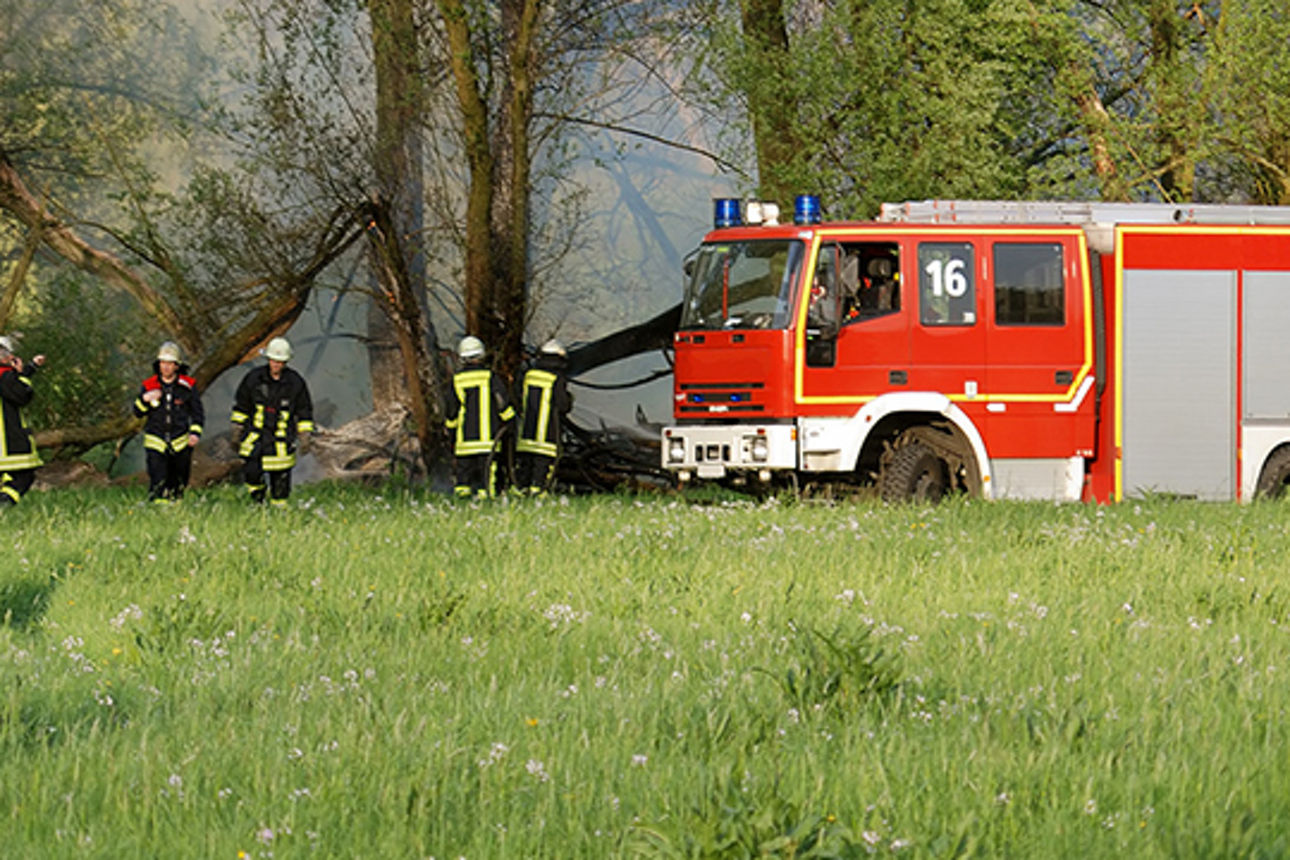 Mehrere Feuerwehrleute löschen ein am Waldrand ausgebrochenes Feuer 
