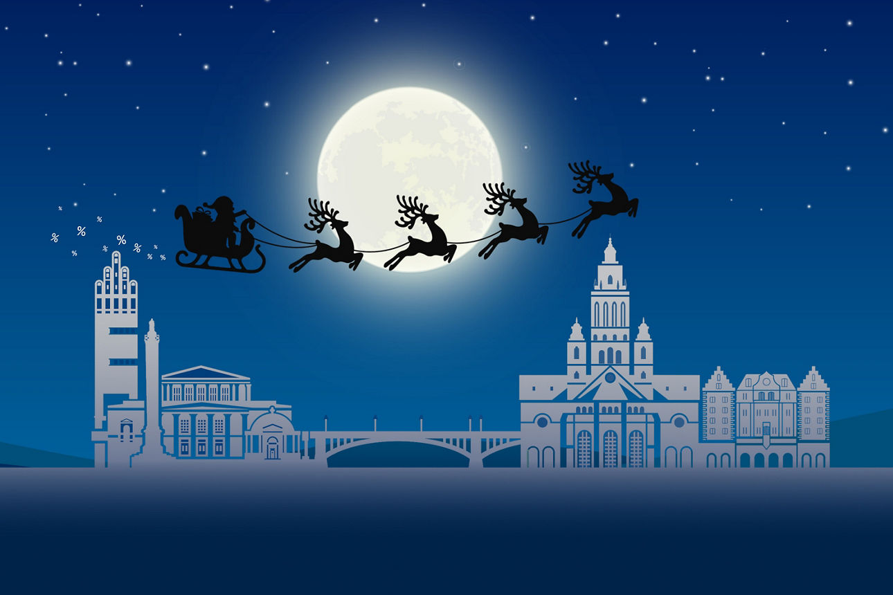Silhouette von Darmstadt und Mainz vor einem winterlichen Nachthimmel mit Weihnachtsschlitten und vier Rentieren