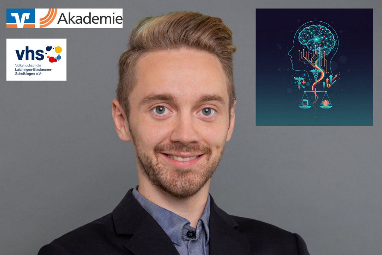 Dr. Patrick Albus vor grauem Hintergrund und Logo Volksbank-Akademie und VHS