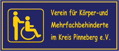 Logo des Verein für Körper- und Mehrfachbehinderte im Kreis Pinneberg in lila und gelb, Symbol: Person schiebt Person im Rollstuhl