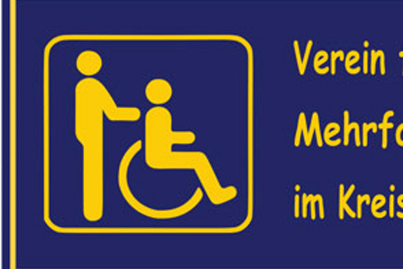 Logo des Verein für Körper- und Mehrfachbehinderte im Kreis Pinneberg in lila und gelb, Symbol: Person schiebt Person im Rollstuhl