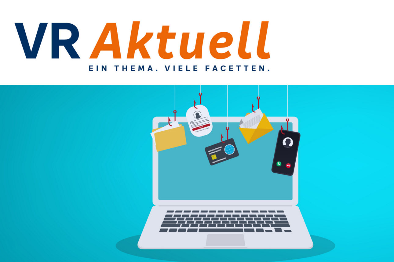 VR Aktuell - Weißes Notebook auf türkisem Hintergrund. Vor dem Notebook hängen ein Smartphone, eine Kreditkarte, und ein Brief.