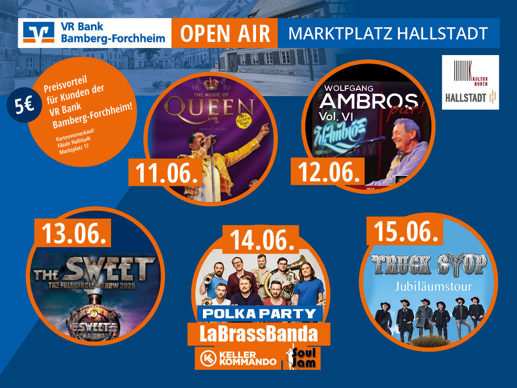 Veranstaltungshinweis mit den Acts des VR Bank Open Air Hallstadt 2025