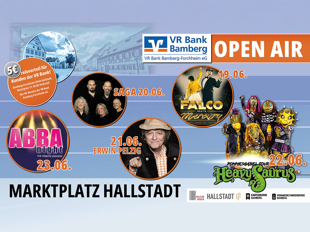 Veranstaltungshinweis mit den Acts des VR Bank Open Air Hallstadt 2024