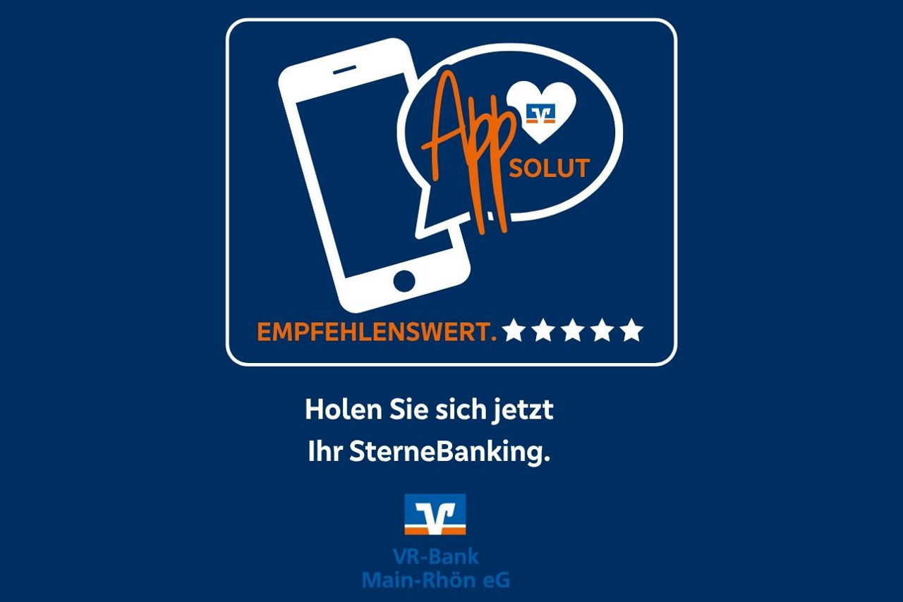 blauer Hintergrund mit weißer Smartphone-Grafik und Spruch Holen Sie sich jetzt Ihr SterneBanking