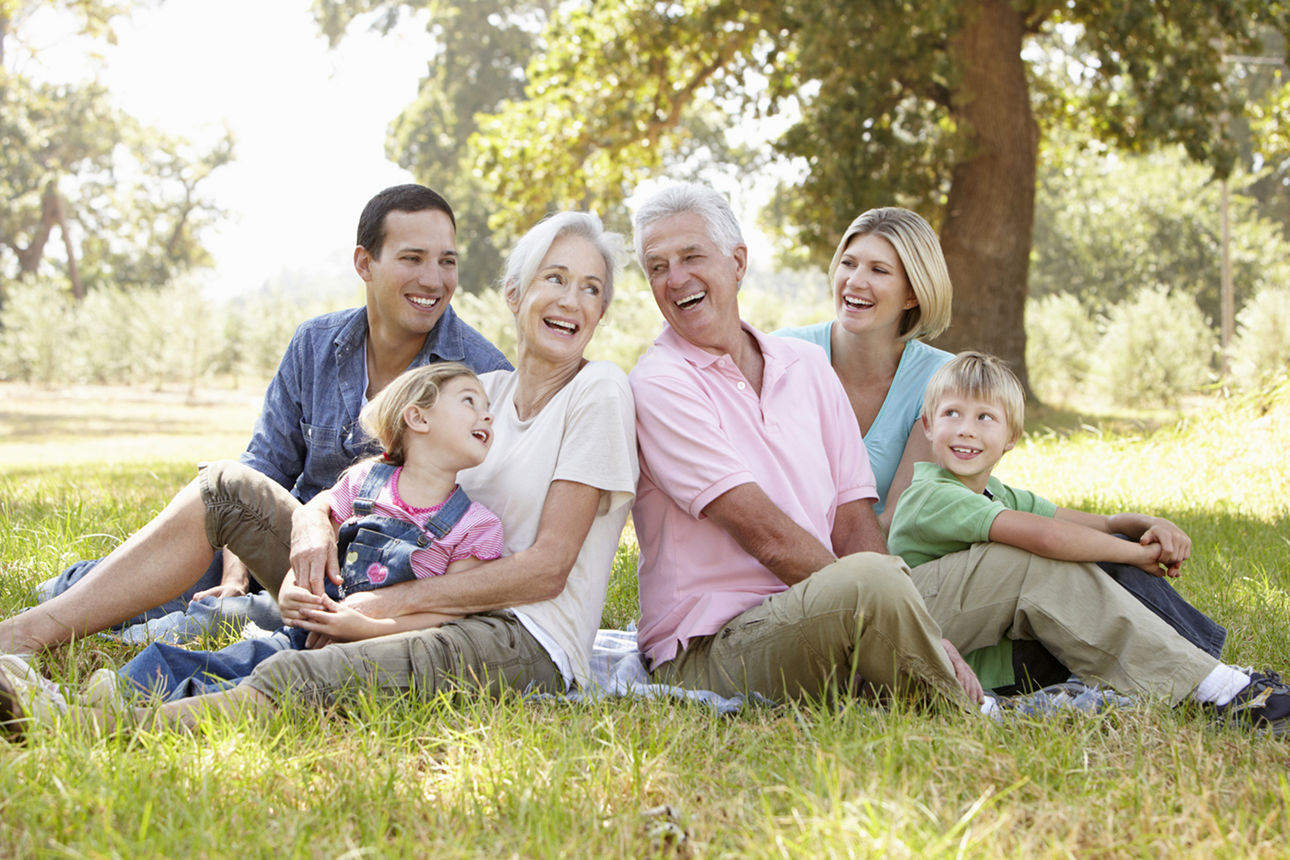 Familie sitzt in einer Wiese