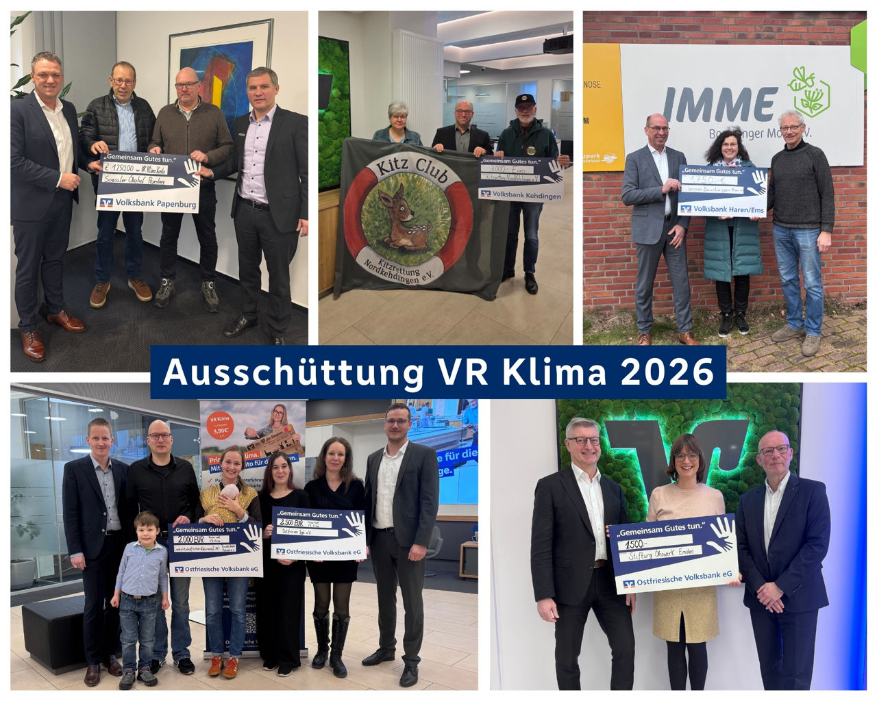 Collage mit Fotos der Scheckübergaben an die sechs Patenprojekte des Girokontos VR Klima.