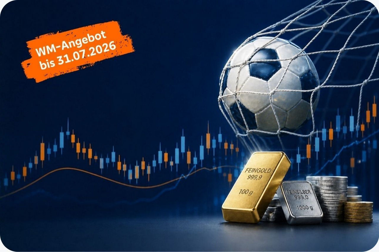 Plakat: Fußball und Aktienkurse und Gold abgebildet. Text: WM-Angebot bis 11.07.2026