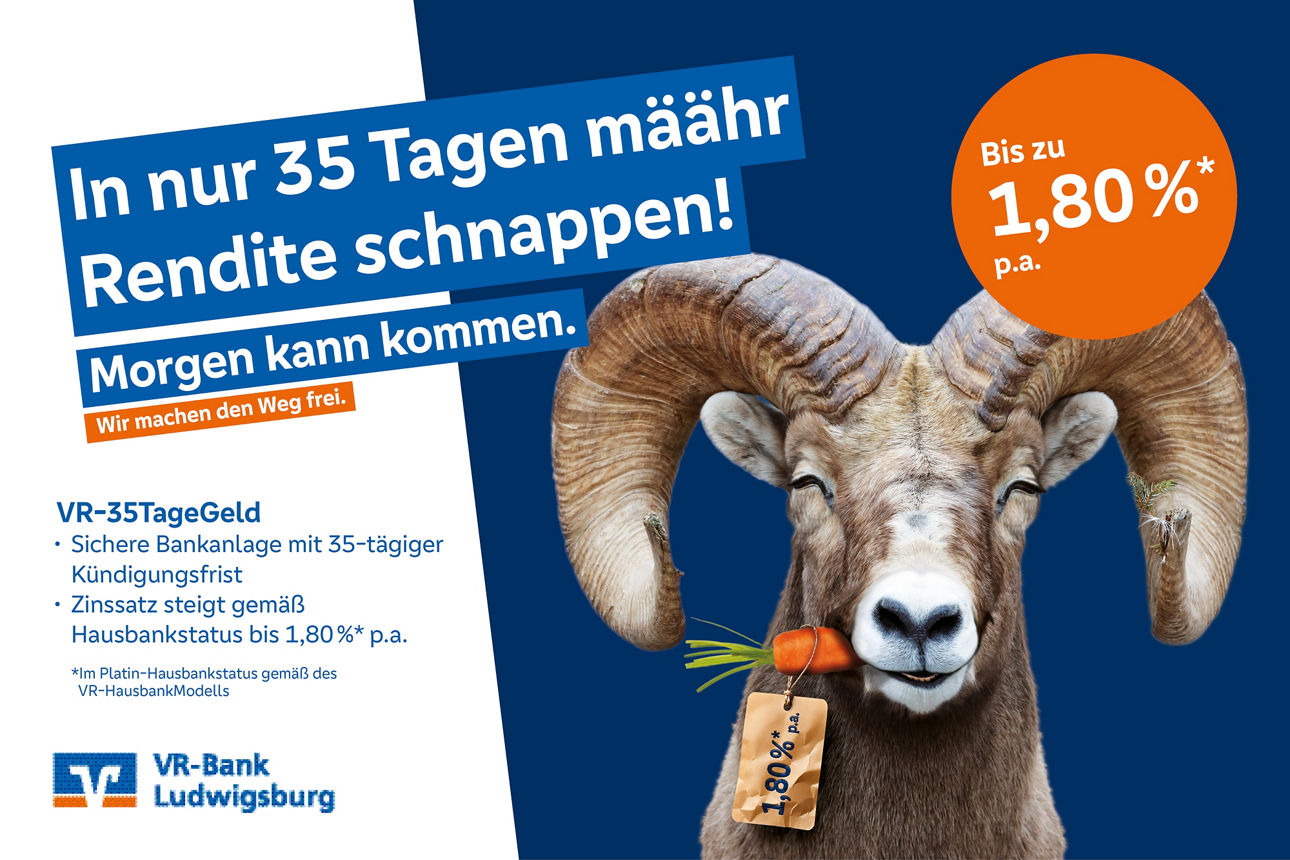 Bock mit Karotte im Maul wirbt für VR-35TageGeld der VR-Bank Ludwigsburg mit bis zu 1,80 % Zinsen p.a. bei 35 Tagen Kündigung