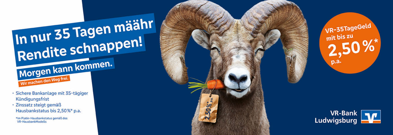 Widder mit Karotte im Maul wirbt für 2,50 % Zinsen p.a. bei der VR-Bank – sichere Geldanlage mit 35 Tagen Kündigungsfrist.