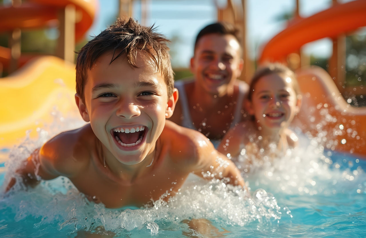 Ein Mädchen und ein Junge rutschen mit ihrem Vater eine Wasserrutsche herunter und haben viel Spaß dabei.