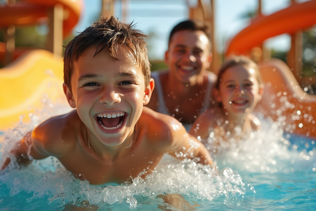 Ein Mädchen und ein Junge rutschen mit ihrem Vater eine Wasserrutsche herunter und haben viel Spaß dabei.