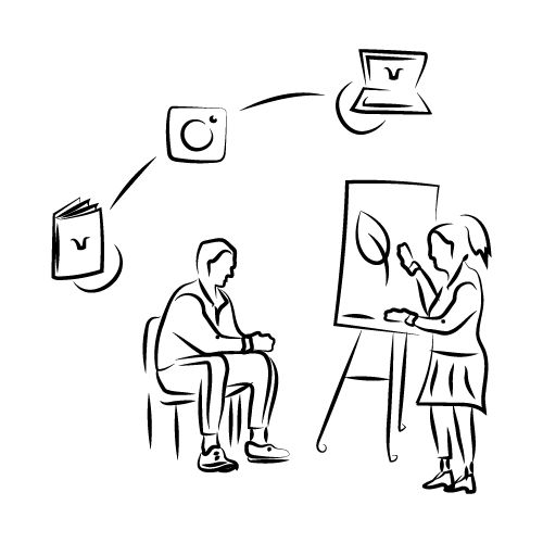 Zeichnung eines Mannes, der auf ein Flipchart schaut, auf dem eine Frau etwas päsentiert. Auf dem Flipchart ist ein Blatt abgebildet. Darüber schweben Icons in Forms eines Laptops, eines Notizbuchs und Instagram.