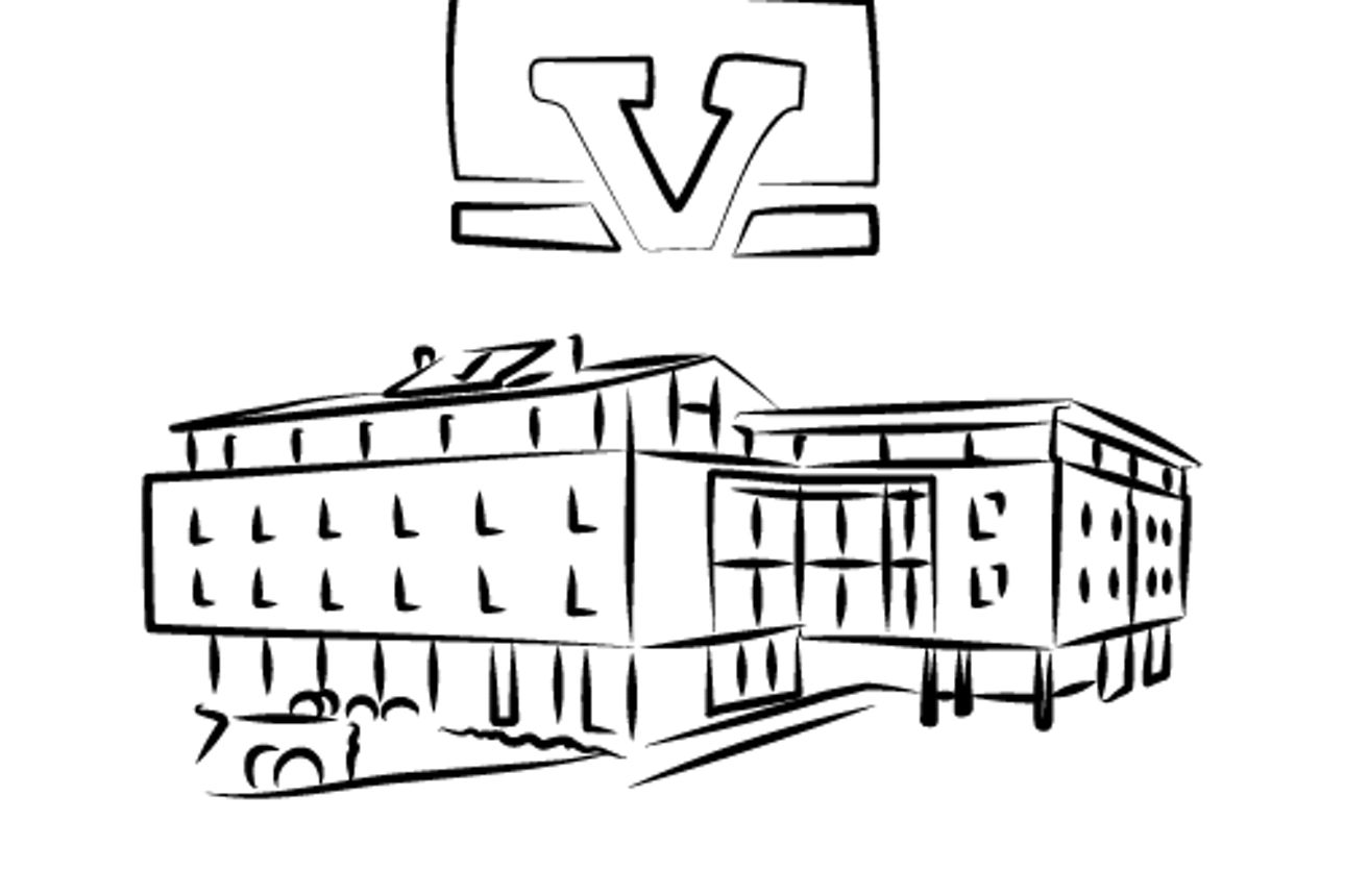 Zeichnung des VR Bank Gebäudes, darüber das Volksbank Logo.