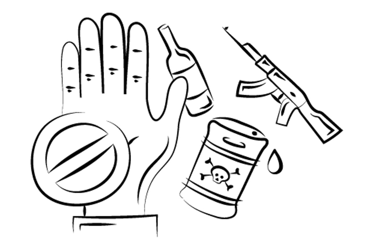 Das Bild zeigt ein Verbotsschild, eine hand, eine Waffe, ein Fass mit einem Totenkopf und eine Flasche..