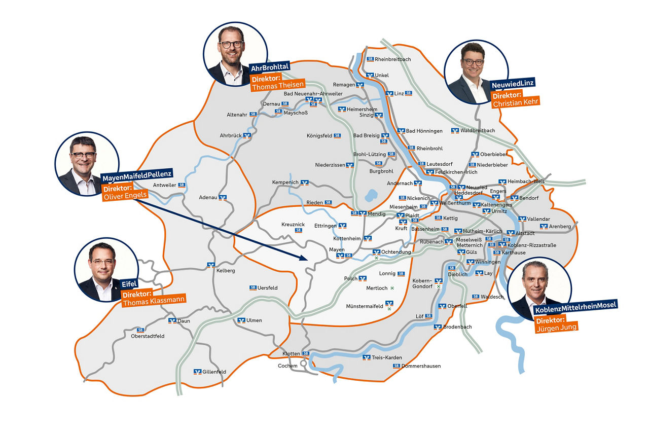 Das Bild zeigt eine illustrierte Landkarte des Geschäftsgebietes der VR Bank RheinAhrEifel eG